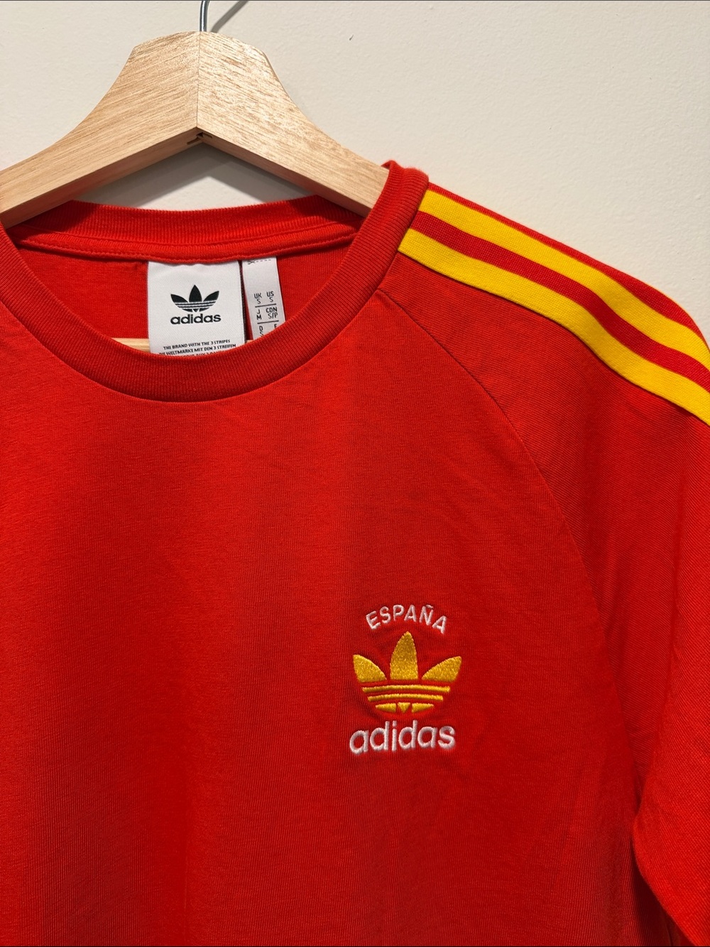 adidas Red Short Sleeve Tee with Yellow Shoulder Stripes